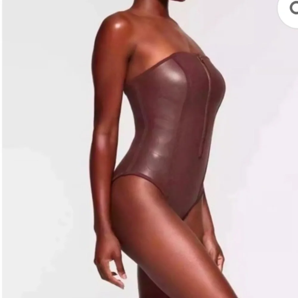 Skims Strapless Brown Sculpting One-Piece Swimsuit With Front Zipper Xtra-Life